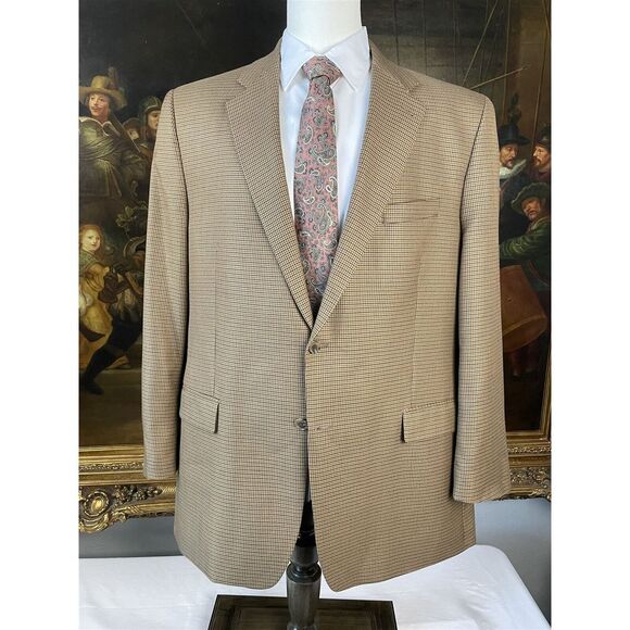 Peerless Couture 48L Brown Houndstooth‎ Silk & Wool Smooth Tweed 2Btn Blazer